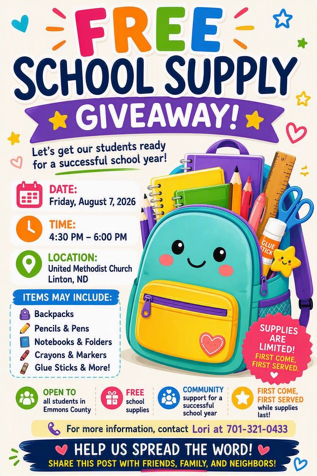 Poster for info on getting free school supplies from Linton united methodist church